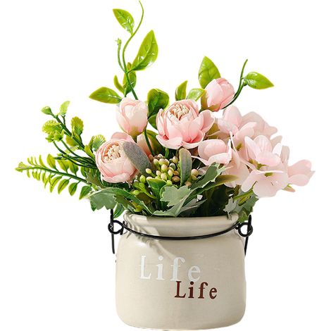 Arreglo floral artificial, seda de alta calidad, maceta de cerámica blanca, decoración de interiores para sala de estar u oficina. (1/5)