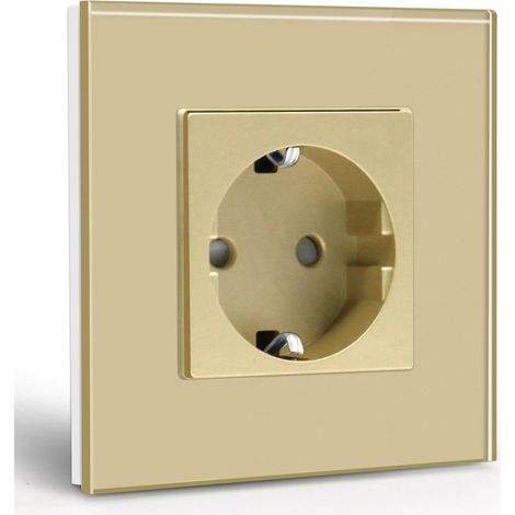 Casquillo Schuko simple, empotrado con placa de cristal, estándar europeo de 16 A, color dorado, dimensiones 86 mm.