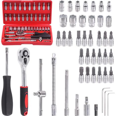 45 PCS 1/4 "Drive Sleeve jeu de clé à cliquet et manchon de foret avec 1 pc boîte de rangement combo Kit, barre métrique et rallonge pour la réparation automobile et la maison (1/5)