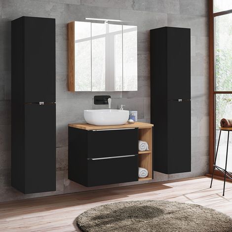 Badezimmermöbel Set mit LED-Spiegelschrank TOSKANA-BLACK-56 seidenmatt anthrazit, Wotaneiche BxHxT ca.B/H/T: 190/200/46cm (1/5)