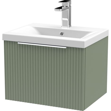 Contemporary Fluted 500mm Wall Hung Single Drawer Vanity and Mid-Edge Basin, Satin Green, Chrome Handles (1/5)