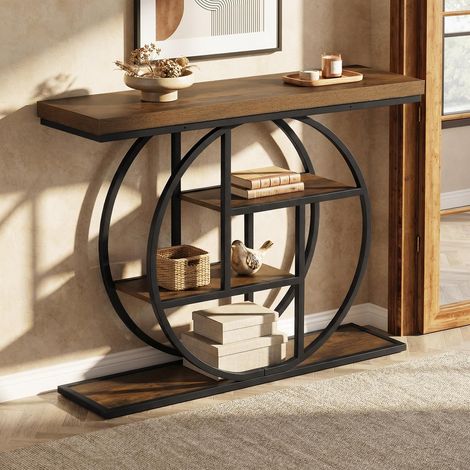 COSTWAY Console Meuble Industriel de 105 cm, Console Bois Métal 4 Niveaux, Base Circulaire, Patins Réglables, Anti-basculement, pour Entrée Couloir Salon, Charge 50 kg (1/5)