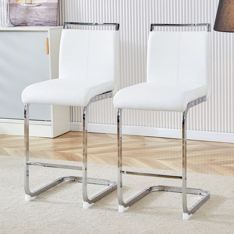 Tabouret de bar 2x-design nordique-simili cuir blanc-pied métal argenté-hauteur totale-39x51,3x96,5cm (1/5)