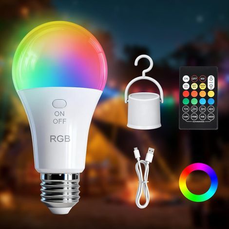 Rechargeable E27 RGB LED Bulb, 7W, Remote Control, Timer, Camping Decoration (1/5)