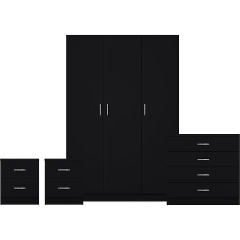 Riano 4 Piece Bedroom Set (2 Drawer Bedside Chest, 4 Drawer Chest, 3 Door Wardrobe), Black (1/3)