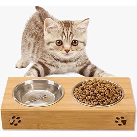 Double Gamelle Chat en INOX Amovible avec Support en Bambou,Bol pour Petit Chien Chat (1/4)