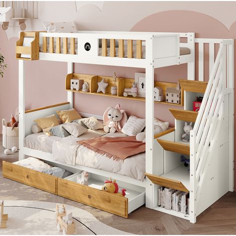 Etagenbett 90x200 cm Weiß Natur aus Kiefernholz und MDF mit Stauraumtreppe, Schubladen und Tafel (1/5)