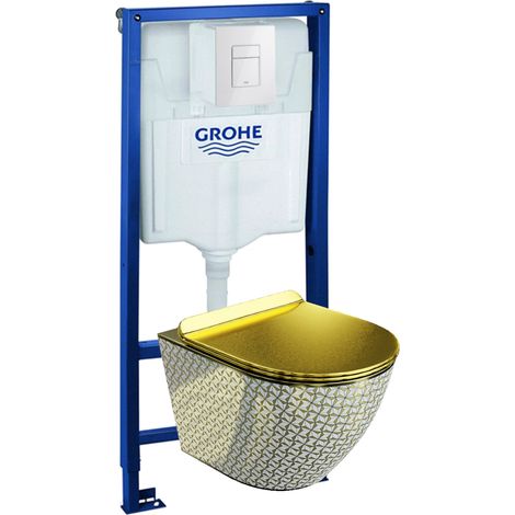 GROHE Bâti-support Solido + Lavita WC Sofi Slim Golden Never Die suspendu or sans bord + panneau de commande Delta 25 blanc Kit complet