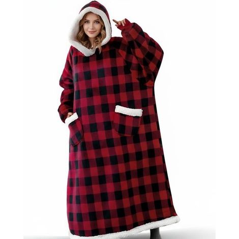 Couverture à capuche extra-large en flanelle de laine de 1,5 mètre, chaude et confortable, parfaite comme écharpe de Noël - coloris noir et rouge (1/5)