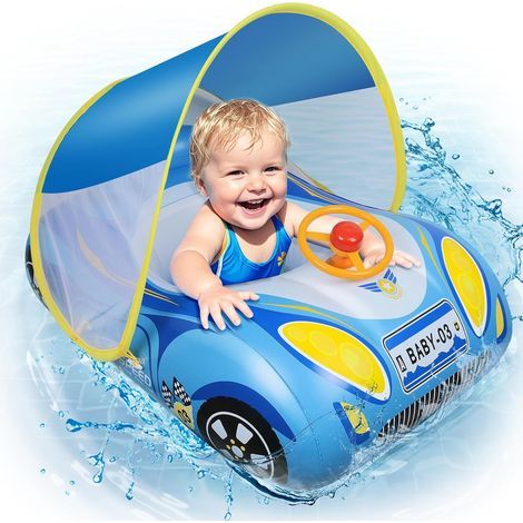 Bouee pour Bebe Parasol avec UPF50+ Auvent Amovible Siège de Bain pour bébé pour Enfants Piscine Gonflable Bouée de Natation pour bébé Aide à la Natation en Forme de Voiture 12-18 Moi 1-4 an (1/5)