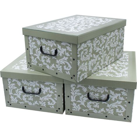 3er Set Aufbewahrungsbox mit Deckel 51 x 37 cm - Barock in oliv - Stapelbox aus Pappe mit Griffen 45 Liter - Organizer Storage Box Allzweck Spielzeug Kiste Geschenk Karton stapelbar