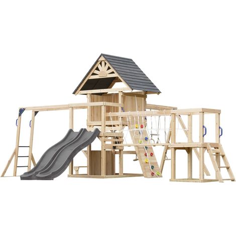 Axi Hunter Aire De Jeux En Bois, 2 Balançoires, Toboggan Double, Gris Maisonnette Xxl / Equipement De Jeux Pour Enfants Avec Structure D'Escalade, Pont Suspendu Et Trapèze Pour Le Jardin