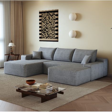 Divano angolare modulare da 270 cm con chaise longue dritta, non richiede montaggio, seduta profonda, velluto a coste grigio (1/5)