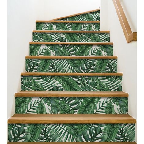 Contremarche adhésive autocollante végétale, 3 feuilles tropicales vertes foncées sur fond blanc, 19,5 X 100 cm, x4 (1/2)