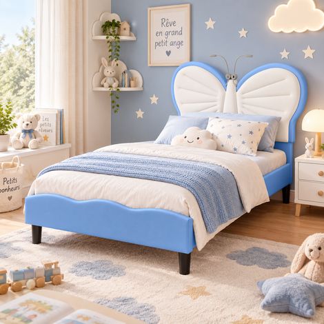 Lit Enfant 90x190 cm,lit capitonné simple,Tête de Lit Papillon Réglable avec Éclairage LED de Lecture,Lit Princesse,sommier à lattes,Velours,Blanc et bleu (1/5)