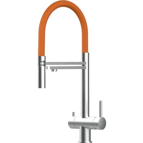 Rubinetto 3 vie miscelatore lavello cucina VIZIO in Acciaio INOX Spazzolato - Canna arancione movibile e doccia due getti staccabile - ACCIAIO CHIRURGICO AISI 316 (1/5)