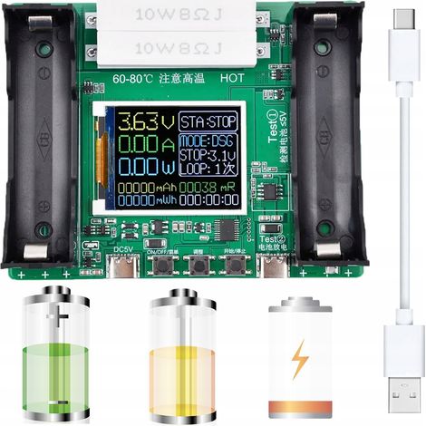Probador de capacidad y resistencia LCD para celdas USB-C 18650