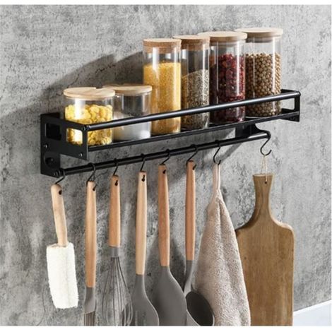 Porte Ustensiles Cuisine avec 6 Crochets, Adhésif/Perçage 2 Façons D'installer Support Rangement Ustensiles Cuisine, (1/4)