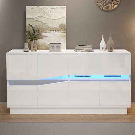 Credenza - 140 x 35 x 70 cm - luci led bluetooth gestibili da app, frontale lucido, 4 ante push-to-open, dettagli geometrici in acrilico - stile moderno - legno truciolato - bianco (1/5)