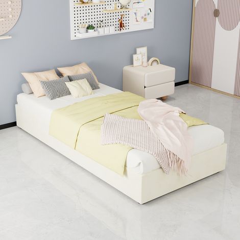Cadre de lit moderne minimaliste 90x200 cm beige en velours hollandais avec vérins à gaz – lit relevable, chambre contemporaine (1/4)