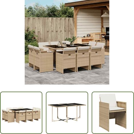 Essgruppe - 11-tlg. Garten-Essgruppe mit Kissen Beige Poly Rattan (1/5)