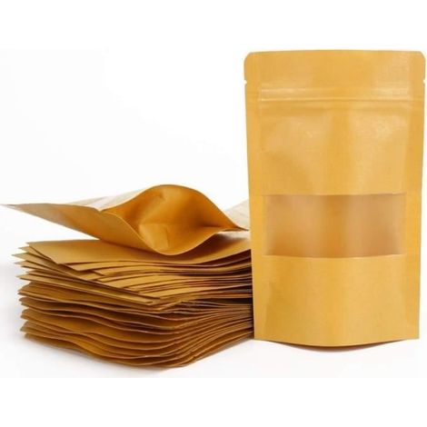 100 Pièces Sachet Kraft Alimentaire Sac Papier Kraft avec Fenetre Réutilisables Sachet Craft pour Collations,Anniversaire des (1/4)