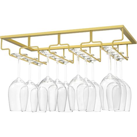 Hängendes Weinglasregal, Hängender Weinglashalter, Weinglasregal mit 4 Schienen für Unterschränke, Glasvitrinen, Hängeregal aus Chrom, Küchenbar – Gold