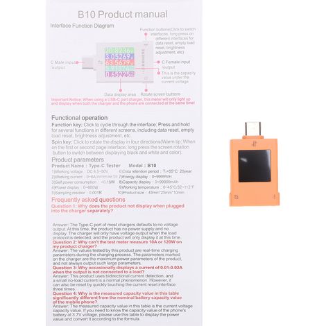 B10 Orange Multi-Protokoll USB-C Schnellladetester mit Farbdisplay und maximaler Datenprotokollierung für Handy- und Laptop-Ladegeräte (1/5)