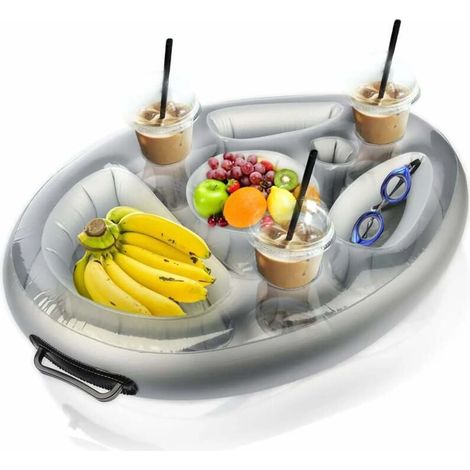 Grauer, aufblasbarer, schwimmender Getränkehalter – ein Pooltablett mit 8 Löchern zur Aufbewahrung von Getränken und Snacks, perfekt für den Einsatz in Pools, Whirlpools und am Strand. (1/4)