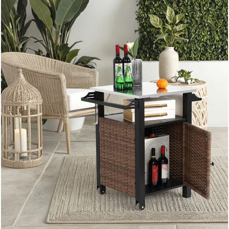 Carrello bar da esterno con vano portaoggetti, piano inox, ruote, marrone DESVIAE (1/5)