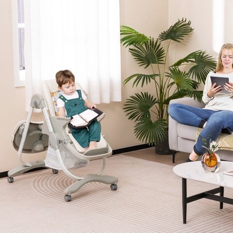 Chaise Haute Multifonctionnelle Bébé Pliante Roulettes Hauteur Réglable Repose-pieds Plateau Amovible 6-36 Mois Blanc CWXT1613 DESIGN IN