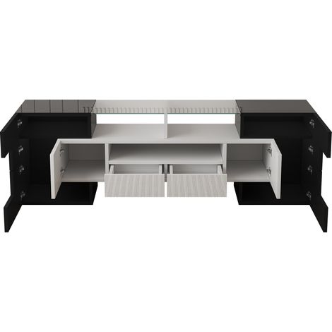 Mueble TV bajo blanco brillante de 145 cm con LED y superficie de vidrio (1/5)