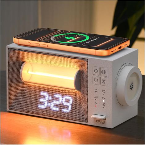 Lampe de Chevet 3 en 1 avec Chargeur sans Fil et Réveil Lumineux – Station d’Accueil, Veilleuse avec 20 Sons Apaisants, Simulateur d’Aube pour Chambre, Bureau et Table de Nuit (1/5)