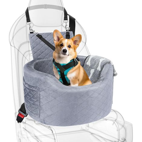 Car Seat for Small Dogs, 28D Memory Foam, Waterproof Non-Slip Lining, Travel Bed, with Storage Pockets and Blanket (Grey) (1/5)