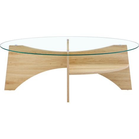 Tavolino da caffè ovale in vetro temperato 104,9 x 60 cm con ripiano MDF (1/5)