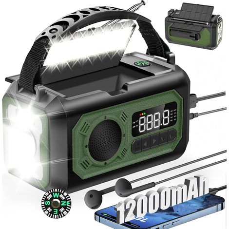 12000 mAh AM/FM-Solarradio mit Handkurbel, 2 Solarpanelen, USB-Kabel, 3 Lademethoden, SOS-Alarm, Taschenlampe, Telefonladegerät, Kompass, Kopfhöreranschluss (1/5)