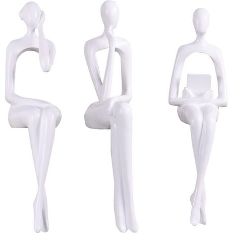 Statues de penseur en résine blanche + 3 sculptures abstraites assises, figurines de bureau, décorations d'étagère et de table dorées (1/5)