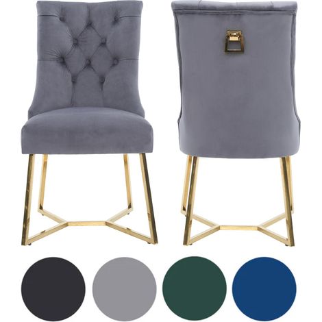 Set of 2 Grey Ambra Modern Velvet Dining Chairs with Gold Legs & Ring Handle - Tufted Back, Plush Foam Seat, Luxury Accent Chair (1/5)