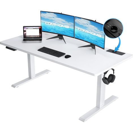 Bureau Assis Debout Électrique 140 60cm, Table Réglable en Hauteur, Fonction Mémoire 2 Hauteurs, pour Le Bureau, la Chambre, Blanc