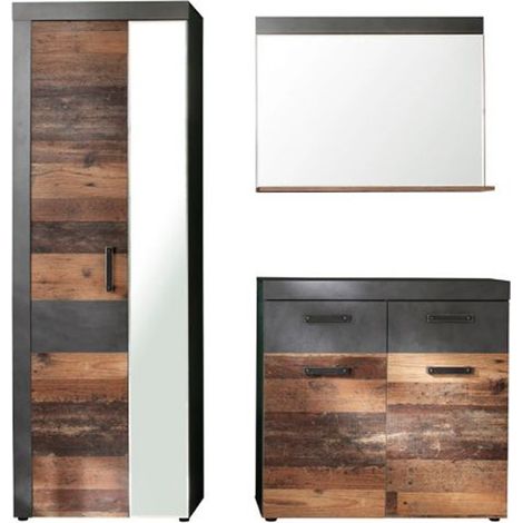 Ensemble meuble d'entrée 3 pièces chêne foncé et gris avec miroir Orcel (1/5)