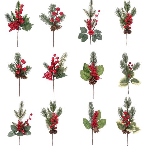 12 Pièces Pics de Pin Artificiels de Noël avec Baies Rouges Pommes Aiguille de Pin, Branches de Sapin Artificielles pour Guirlande Arbre de Noël Vase Table Maison Décoration (1/5)