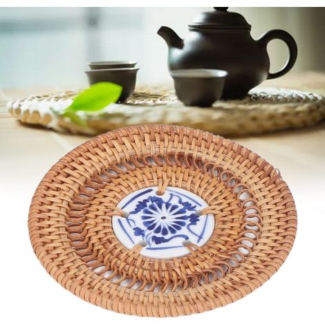 Sous-verre rond en porcelaine bleu et blanc avec support tressé en rotin pour tasses, 10cm (1/5)