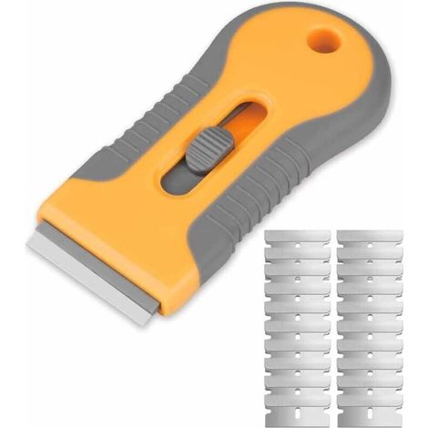 Grattoir pour poêle avec 20 lames de rechange, grattoir de nettoyage multi-usages pour enlever les étiquettes, les autocollants, le coulis, les adhésifs, jaune.