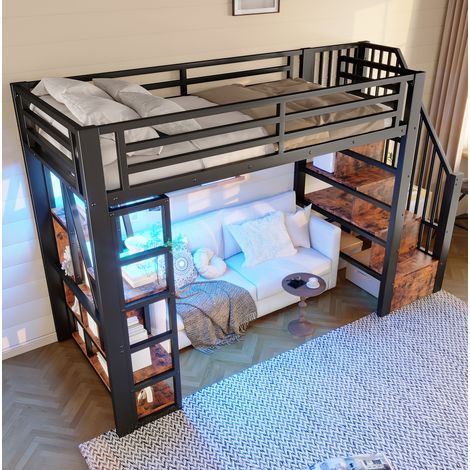 Hochbett 90x200 cm Mit Metallgestell Und Mdf Mit Schwarzer LED (1/5)