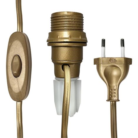 Kit lampe bouteille doré E14, câble 1.5m, douille demi-filetée + bague, interrupteur à main, fiche 2 pôles (1/5)