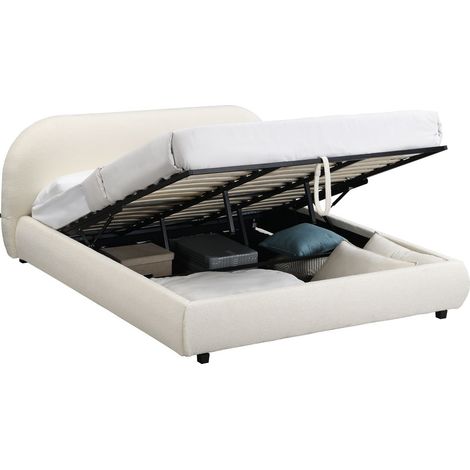 Lit coffre 180x200 cm avec tête de lit matelassée en tissu bouclé beige - Madisson