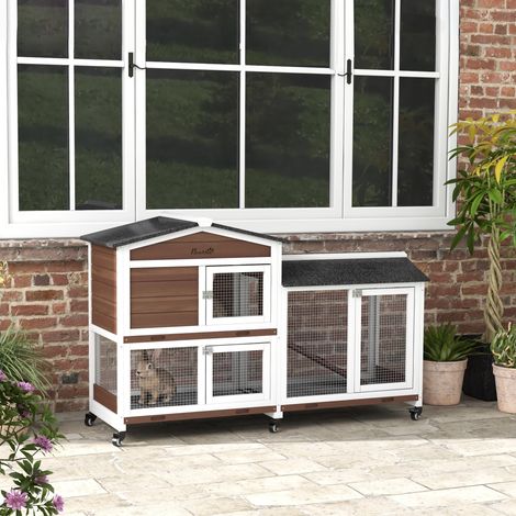 Conejera Exterior 157,4x53x99,5cm Jaula para Conejos Grande con Ruedas Techo Asfáltico Bandejas Extraíbles Rampa Marrón (1/5)