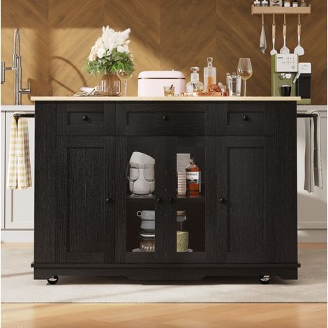 Carrello da cucina su ruote 151,5x60x91,7 cm con vassoio ribaltabile, cassetto e vano portaoggetti, in MDF, metallo e vetro, nero (1/5)