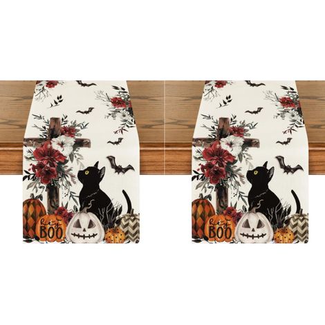 Camino de mesa con temática de Halloween decorado con calabazas, cruces florales, gatos negros y murciélagos, 33 x 183 cm (2 piezas) (1/5)