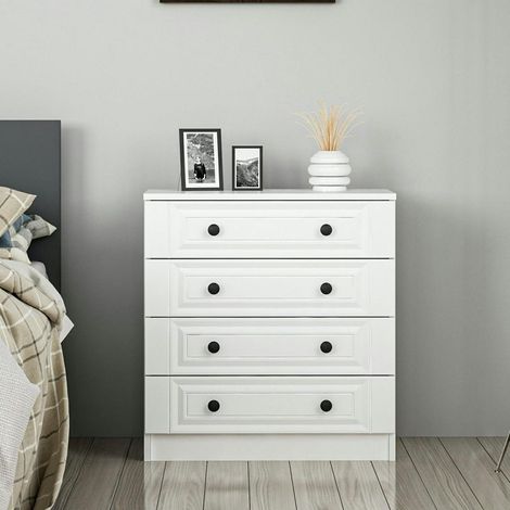 Commode blanche classique 4 tiroirs, boutons noirs MARFA